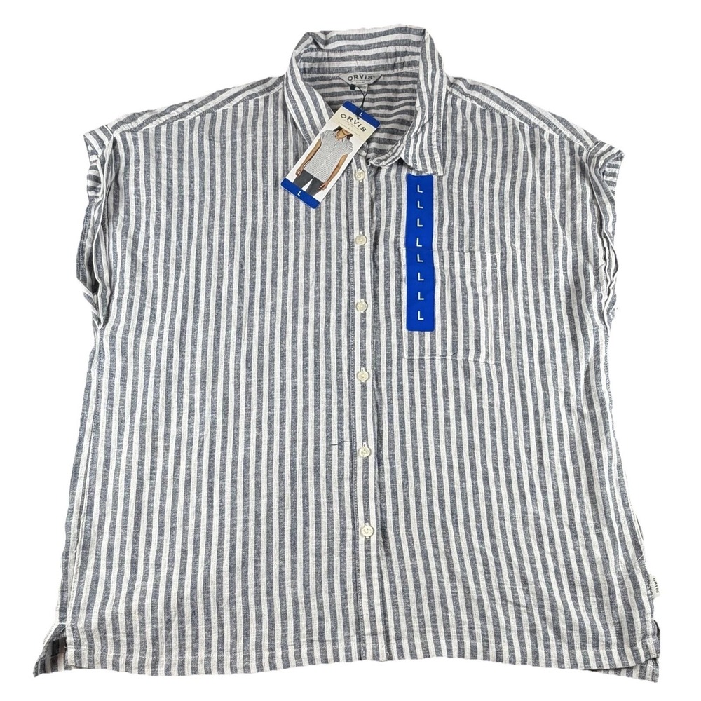 Orvis Shirt Womens Large Blue Stripe Short Sleeve Button Up Tunic Casual Summer